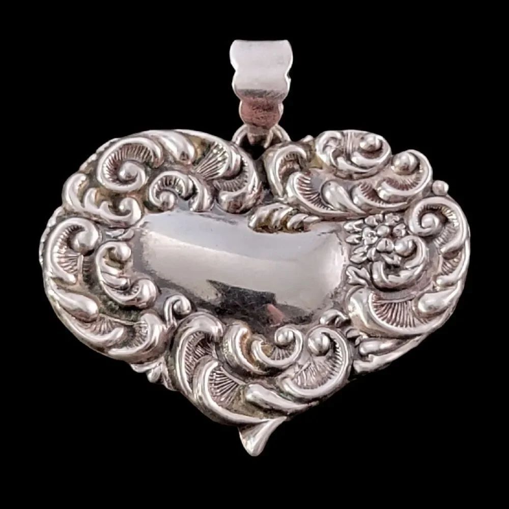 Vintage Sterling Repousee Heart Swirls Pendant